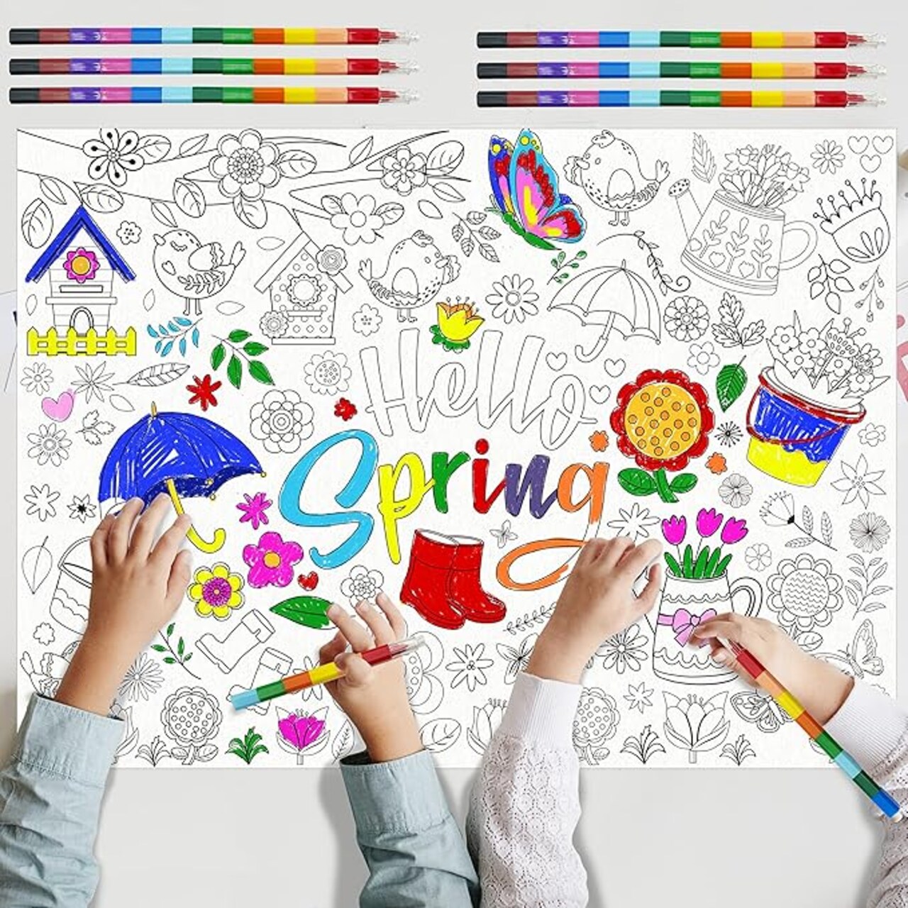 Giant Spring Coloring Poster with 6 Stacking Crayons, Crafts Education Activity Jumbo Paper Poster Wall Art Coloring Poster Banner for Home School Classroom Party Supplies Favor, 43x 31Inch(Spring)